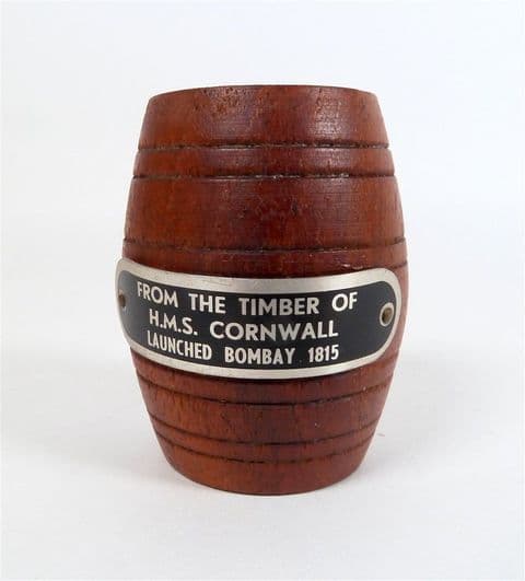 Vintage Treen HMS Wellesley 1815 Cornwall Teak Match Vesta Barrel 1950s Nautical Marine WW1 WW2