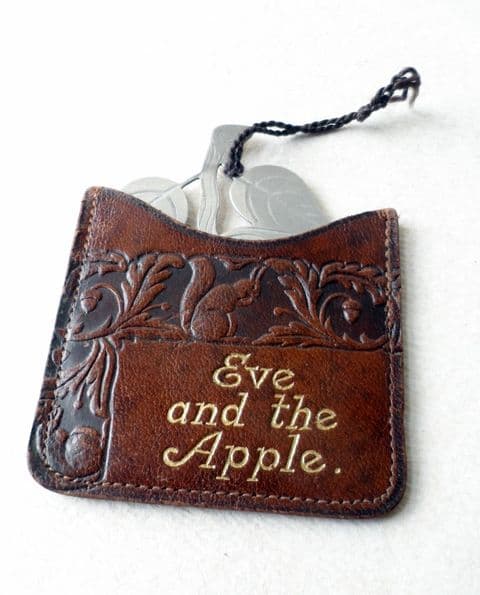 Vintage Unbreakable Apple Handbag Hand Mirror Leather Case Motto Tooled Embossed Eve & Apple 1930s