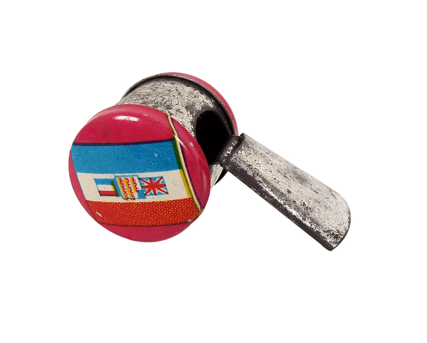 Vintage Unmarked Tin Whistle 1960s Escargot Metal World Flags Union of South Africa Philippines