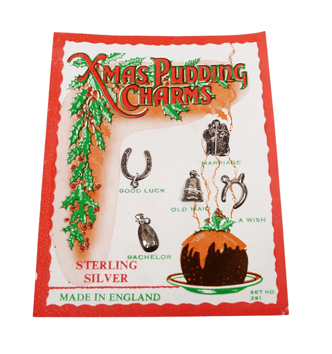 Vintage Unused Sterling Silver Xmas Pudding Charms Good Luck Wish Marriage Maid Bachelor Christmas