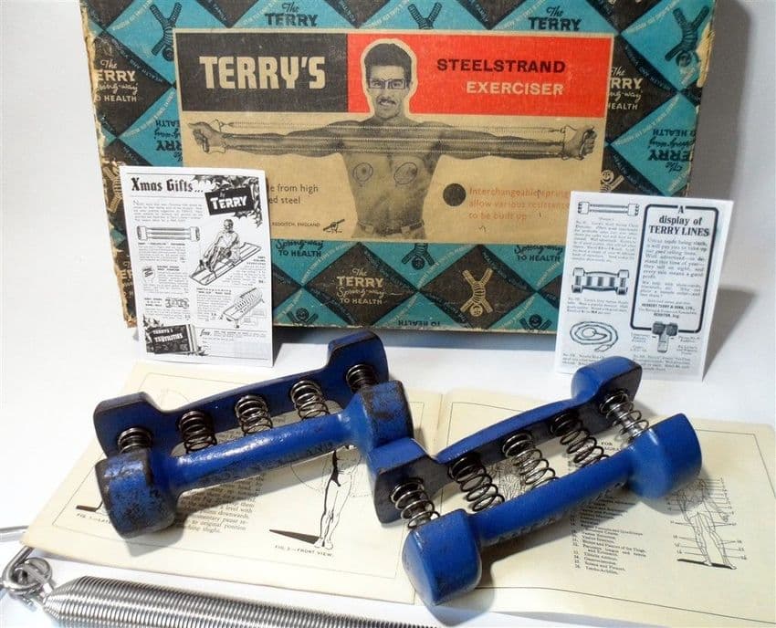 Vintage Weights Terry s Box Home Gym Spring Grip Dumbbells Book Chest Expander Wall Exerciser Sandow