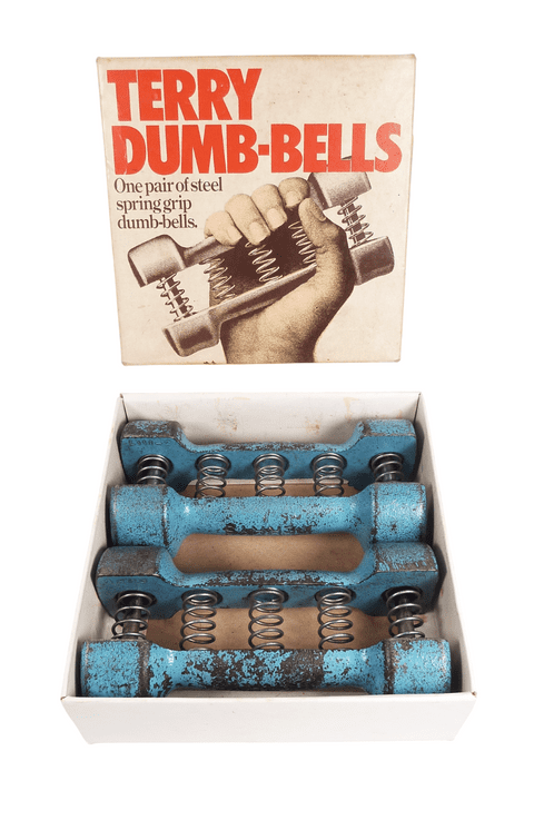 Vintage Weights Terry's Herbert Terry Blue Spring Grip Dumbbells Original Box Gentlemen's Sandow