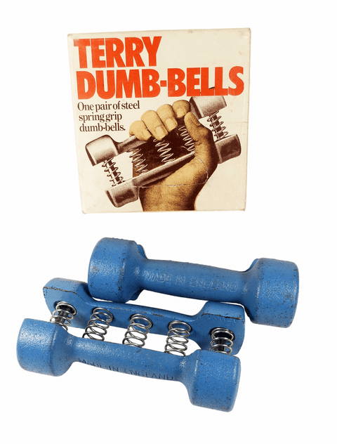 Vintage Weights Terry's Herbert Terry Dark Blue Spring Grip Dumbbells Original Box Size 4 Sandow