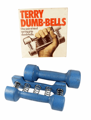 Vintage Weights Terry's Herbert Terry Dark Blue Spring Grip Dumbbells Original Box Size 4 Sandow