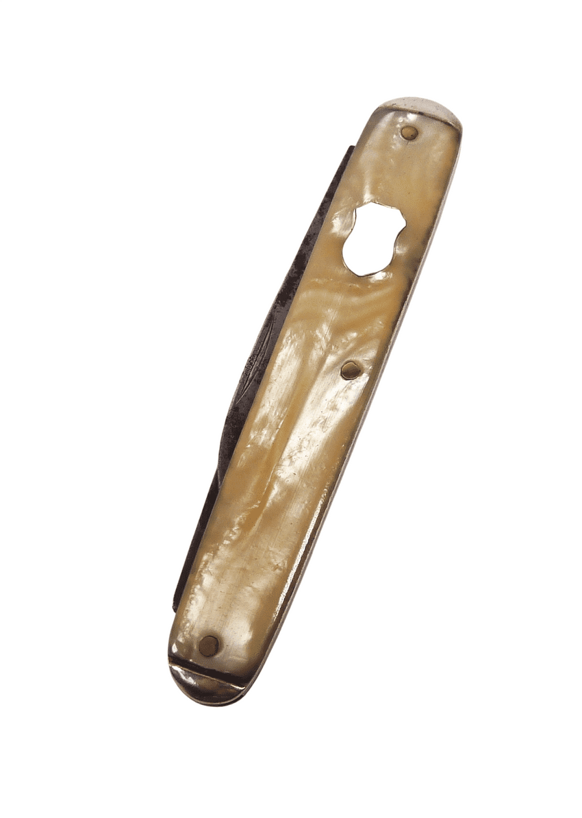 Vintage White Celluloid Shield Cartouche Folding Folder Pocket Pen Knife Forged Steel Foreign 1930s