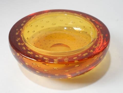 Vintage Whitefriars Art Glass Golden Amber #9099 5" diameter Controlled Bubble Bowl Circa 1960s