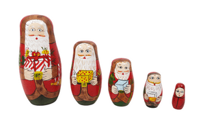 Vintage Wood Matryoshka Russian Santa Nesting Dolls 5 Piece  Circa 1970s Babushka Father Christmas