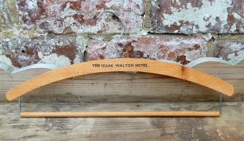 Vintage Wooden Advertising Coat Hanger The Izaak Walton Hotel Circa 1960s Fisherman Fishing Angler