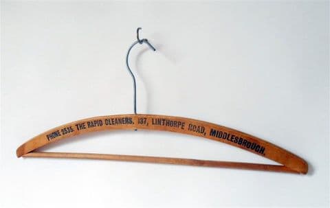 Vintage Wooden Advertising Coat Hanger The Rapid Cleaners 137 Linthorpe Rd Middlesbrough 1940s