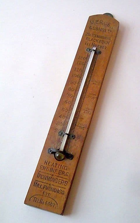 Vintage Wooden Advertising Thermometer Mercer & Sons Northgate Blackburn Ironmongers Mill Furnishers