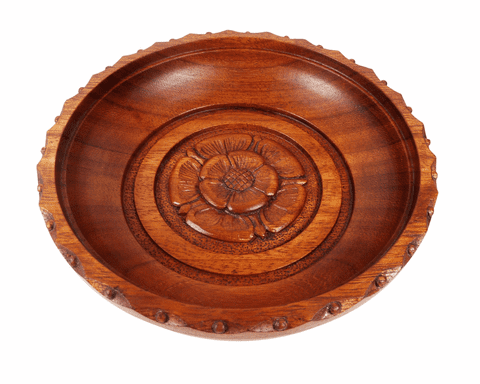 Vintage Wooden J Smith Carved Wood Bowl 9" dia Yorkshire Rose Woodcarvers Well Detailed & Signed