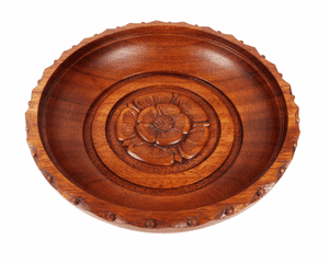 Vintage Wooden J Smith Carved Wood Bowl 9" dia Yorkshire Rose Woodcarvers Well Detailed & Signed