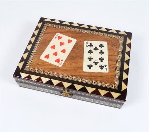Vintage Wooden Wood Playing Card Box Inlaid Laminated Eighteen 18 Design Club Heart 2 Packs Birthday