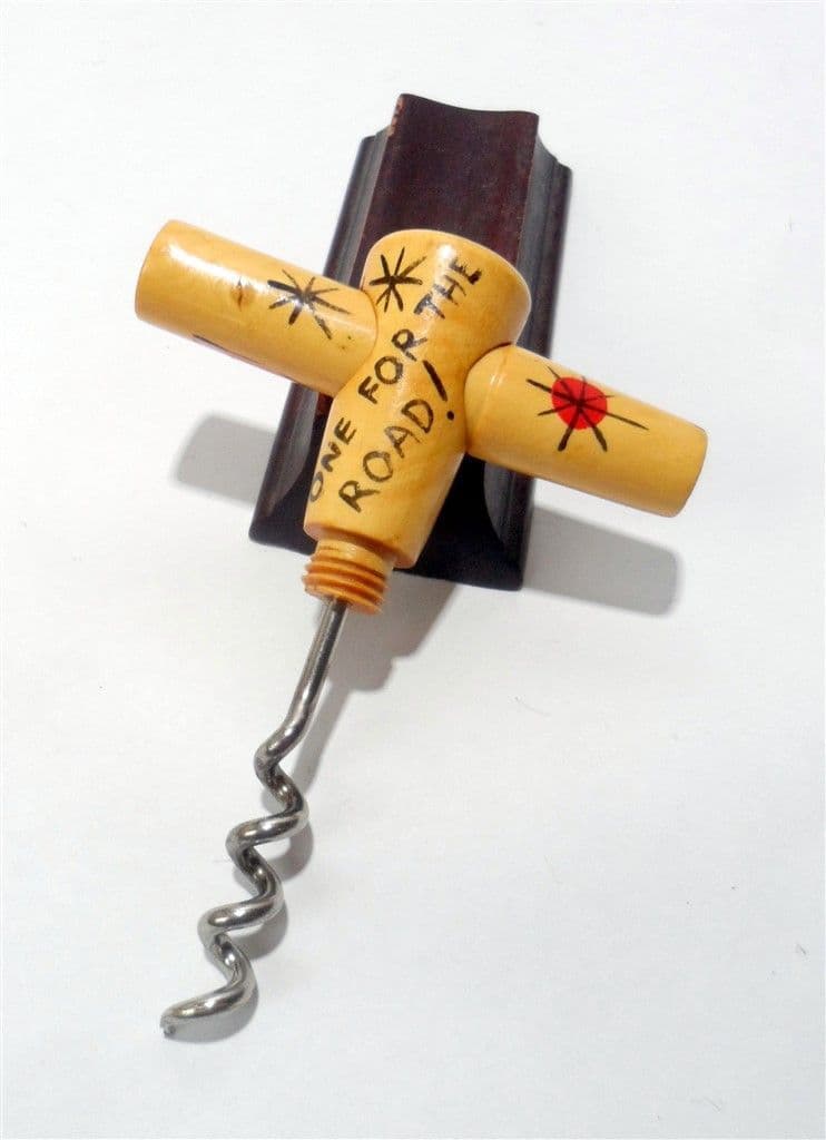 Vintage Wooden Wood Pocket Sheath Picnic One For The Road Pink Elephant Hand Painted Corkscrew