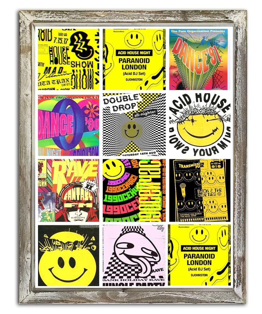 1990 s Rave Collage 44cm x 34cm Wood Framed Metal Art