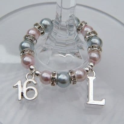 16th Birthday Wine Glass Charm - Initial Full Sparkle Style