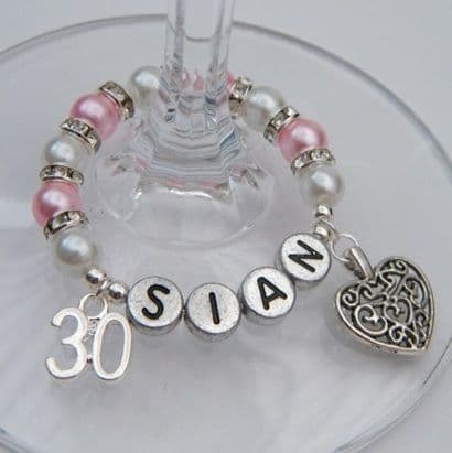 30th Birthday Personalised Wine Glass Charm - Double Charm Full Sparkle Style