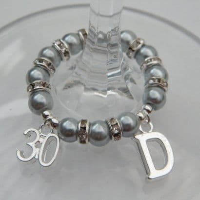 30th Birthday Wine Glass Charm - Initial Full Sparkle Style