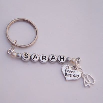 40th Birthday Personalised Keyring - Double Charm Beaded Style