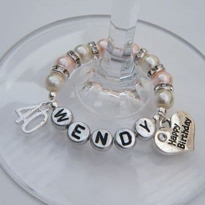 40th Birthday Personalised Wine Glass Charm - Double Charm Full Sparkle Style