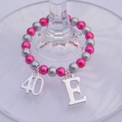 40th Birthday Wine Glass Charm - Initial Full Bead Style