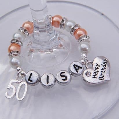 50th Birthday Personalised Wine Glass Charm - Double Charm Full Sparkle Style