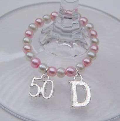 50th Birthday Wine Glass Charm - Initial Full Bead Style