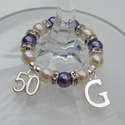 50th Birthday Wine Glass Charm - Initial Full Sparkle Style