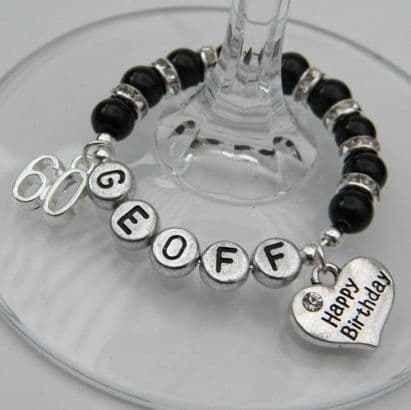 60th Birthday Personalised Wine Glass Charm - Double Charm Full Sparkle Style