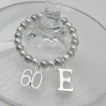60th Birthday Wine Glass Charm - Initial Full Bead Style