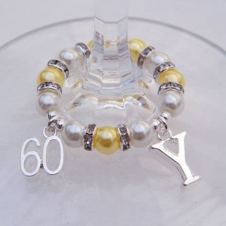 60th Birthday Wine Glass Charm - Initial Full Sparkle Style