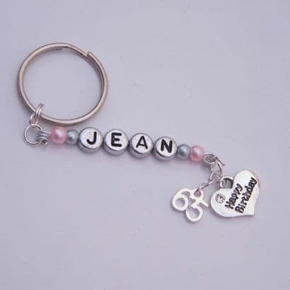 65th Birthday Personalised Keyring - Double Charm Beaded Style
