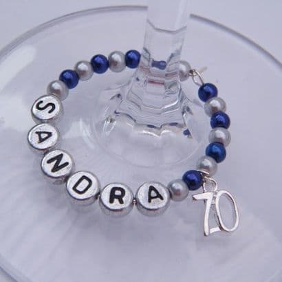 70th Birthday Personalised Wine Glass Charm - Full Bead Style