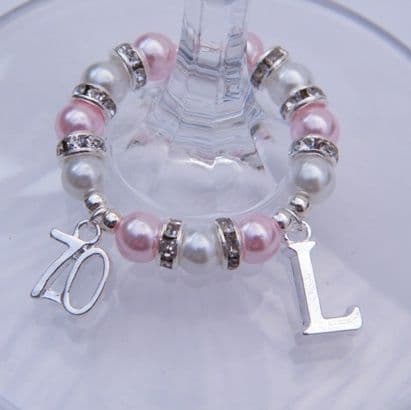 70th Birthday Wine Glass Charm - Initial Full Sparkle Style