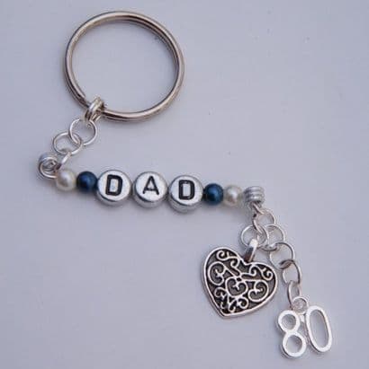 80th Birthday Personalised Keyring - Double Charm Beaded Style
