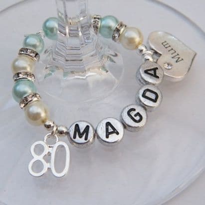 80th Birthday Personalised Wine Glass Charm - Double Charm Full Sparkle Style