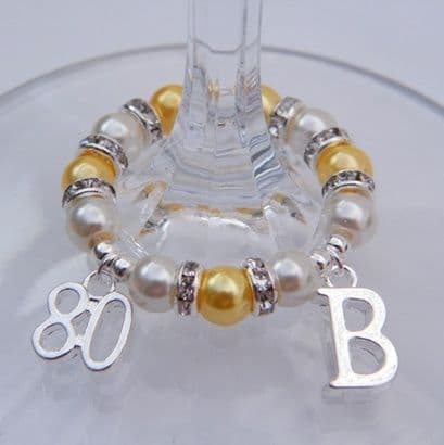 80th Birthday Wine Glass Charm - Initial Full Sparkle Style