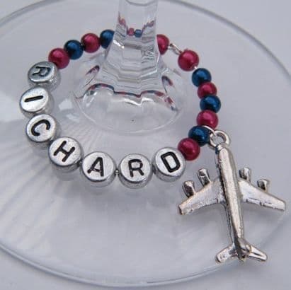 Aeroplane Personalised Wine Glass Charm - Full Bead Style