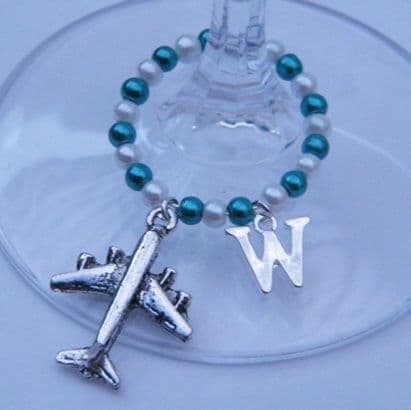 Aeroplane Wine Glass Charm - Initial Full Bead Style
