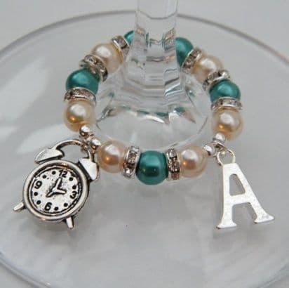 Alarm Clock Wine Glass Charm - Initial Full Sparkle Style