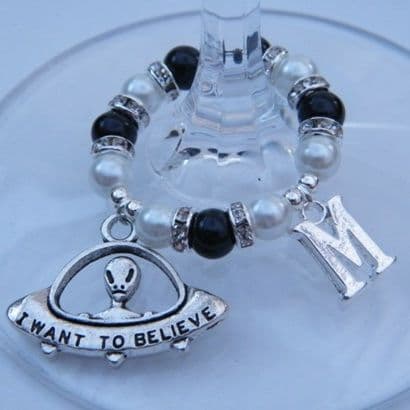 Alien UFO Wine Glass Charm - Initial Full Sparkle Style