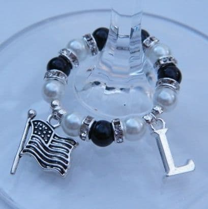 American Flag Wine Glass Charm - Initial Full Sparkle Style