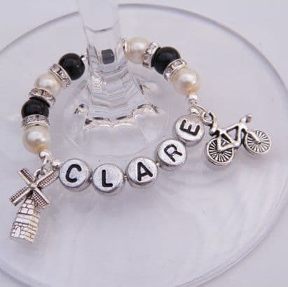 Amsterdam Windmill Personalised Wine Glass Charm - Double Charm Full Sparkle Style