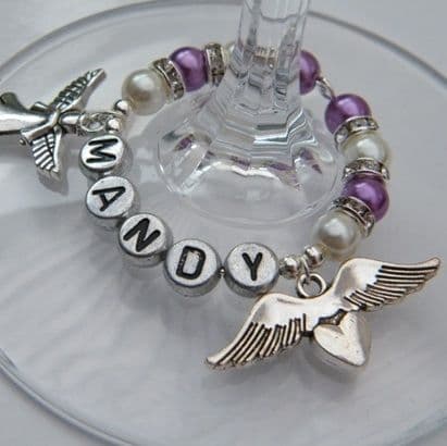 Angel Wings With Heart Personalised Wine Glass Charm - Double Charm Full Sparkle Style
