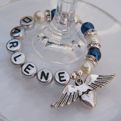 Angel Wings With Heart Personalised Wine Glass Charm - Full Sparkle Style