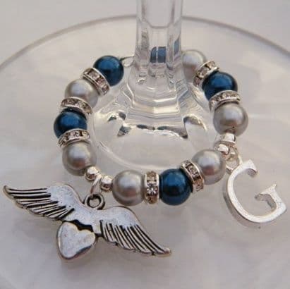 Angel Wings With Heart Wine Glass Charm - Initial Full Sparkle Style