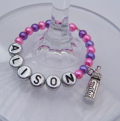 Baby Bottle Personalised Wine Glass Charm - Full Bead Style