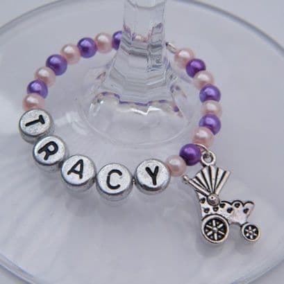 Baby Pram Personalised Wine Glass Charm - Full Bead Style