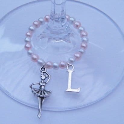 Ballet Dancer Wine Glass Charm - Initial Full Bead Style