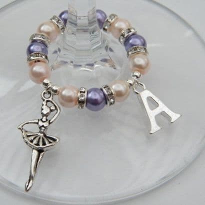 Ballet Dancer Wine Glass Charm - Initial Full Sparkle Style